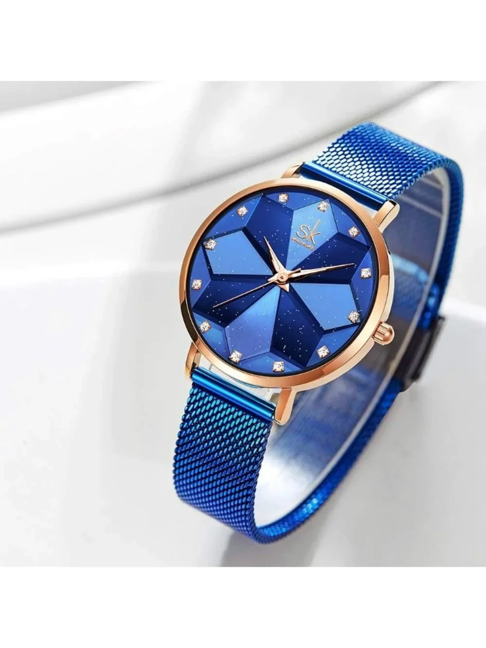 Women's Blue Minimalist Creative Starry Sky Stainless Steel Mesh Band Wristwatch